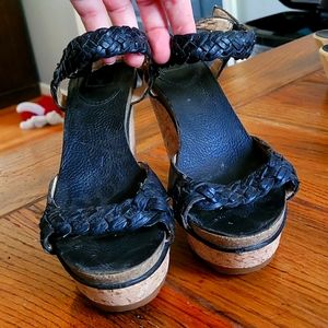 Frye black leather braided wedge 4 3/4 heal size 8.5